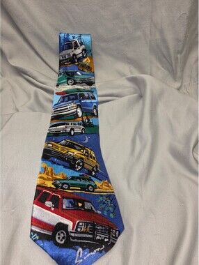 RM Style Blue Tie with Vintage Car Design